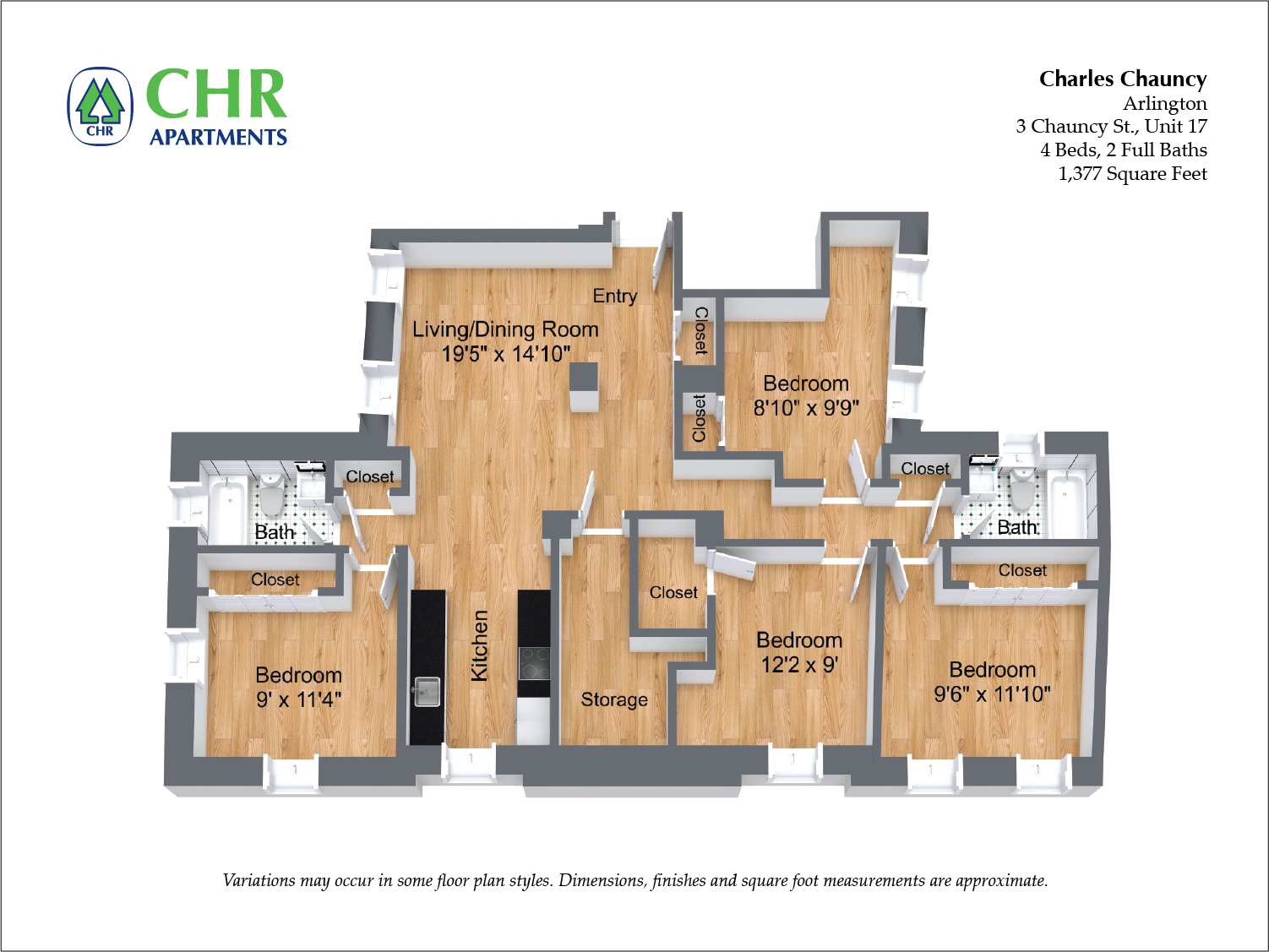 Floor plan for 4 beds, 2 baths, 1377 sqft